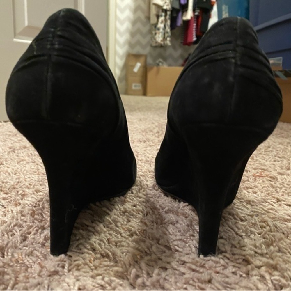 Prada Y2K Black Suede Peep Toe Wedge Pumps Square Toe Leather IT 40 US 9.5-10 - Picture 11 of 13
